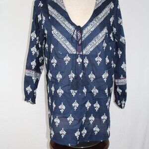 Tribal Blouse Shirt Women's Small Relaxed 3/4 Sleeve Festival Boho 100% Cotton